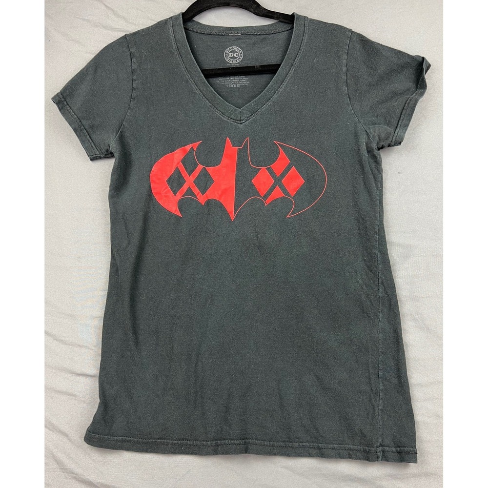 DC Comics T-Shirt Womens XL Harley Quinn Batman Logo Black V-Neck Cotton Fair